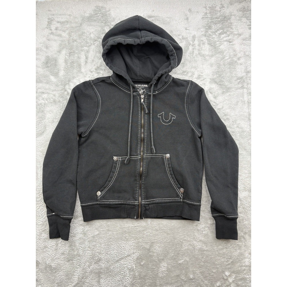 True Religion Women's Stitch Black Classic Big T Zip Hoodie Size Small/Petite